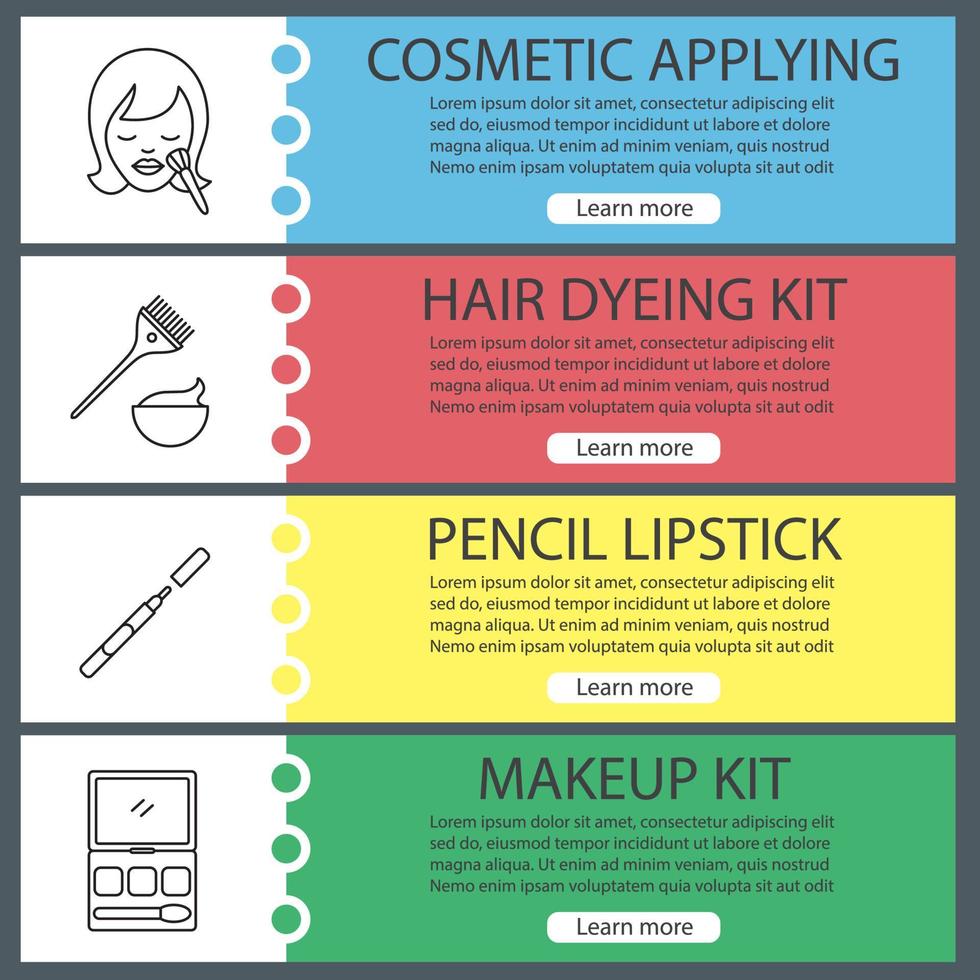 ensemble de modèles de bannière web accessoires cosmétiques. femme avec pinceau de maquillage, kit de teinture pour les cheveux, rouge à lèvres crayon, ombres à paupières. éléments de menu de couleur de site Web avec des icônes linéaires. concepts de conception d'en-têtes de vecteur