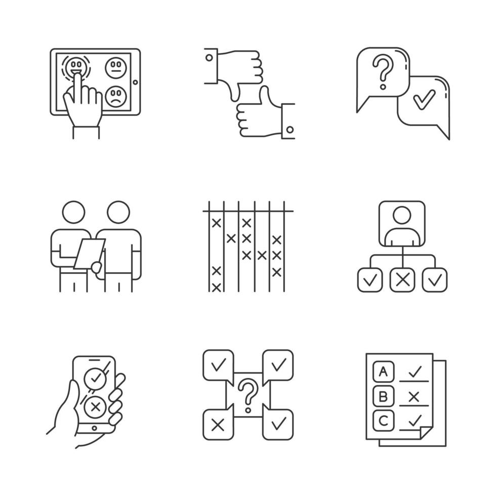 ensemble d'icônes linéaires d'enquête. niveau de satisfaction. commentaires en ligne. aime n'aime pas. entretien. enquête orale. profil personnel. symboles de contour de ligne mince. illustrations de contour de vecteur isolé. trait modifiable