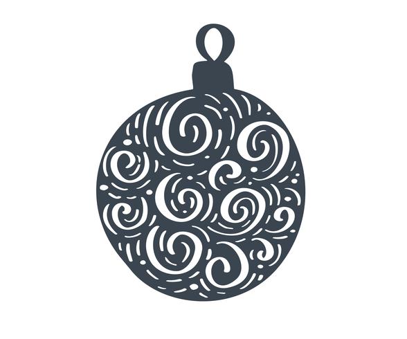 Handdraw boule de Noël scandinave avec ornement s&#39;épanouir silhouette icône vecteur Symbole de contour simple cadeau. Isolé sur le kit de signe web blanc de photo d&#39;épinette stylisée