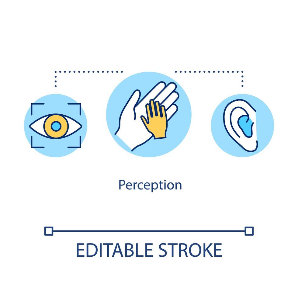 icône de concept de perception. processus cognitifs idée fine ligne illustration. la vue, l'ouïe et le sens du toucher. sens humains. dessin de couleur rvb contour isolé vectoriel. trait modifiable vecteur