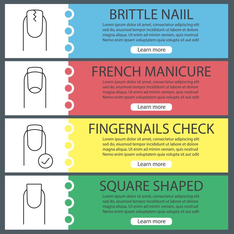 ensemble de modèles de bannière web manucure. ongles fissurés et de forme carrée, manucure française, vérification des ongles. éléments de menu de couleur de site Web avec des icônes linéaires. concepts de conception d'en-têtes de vecteur