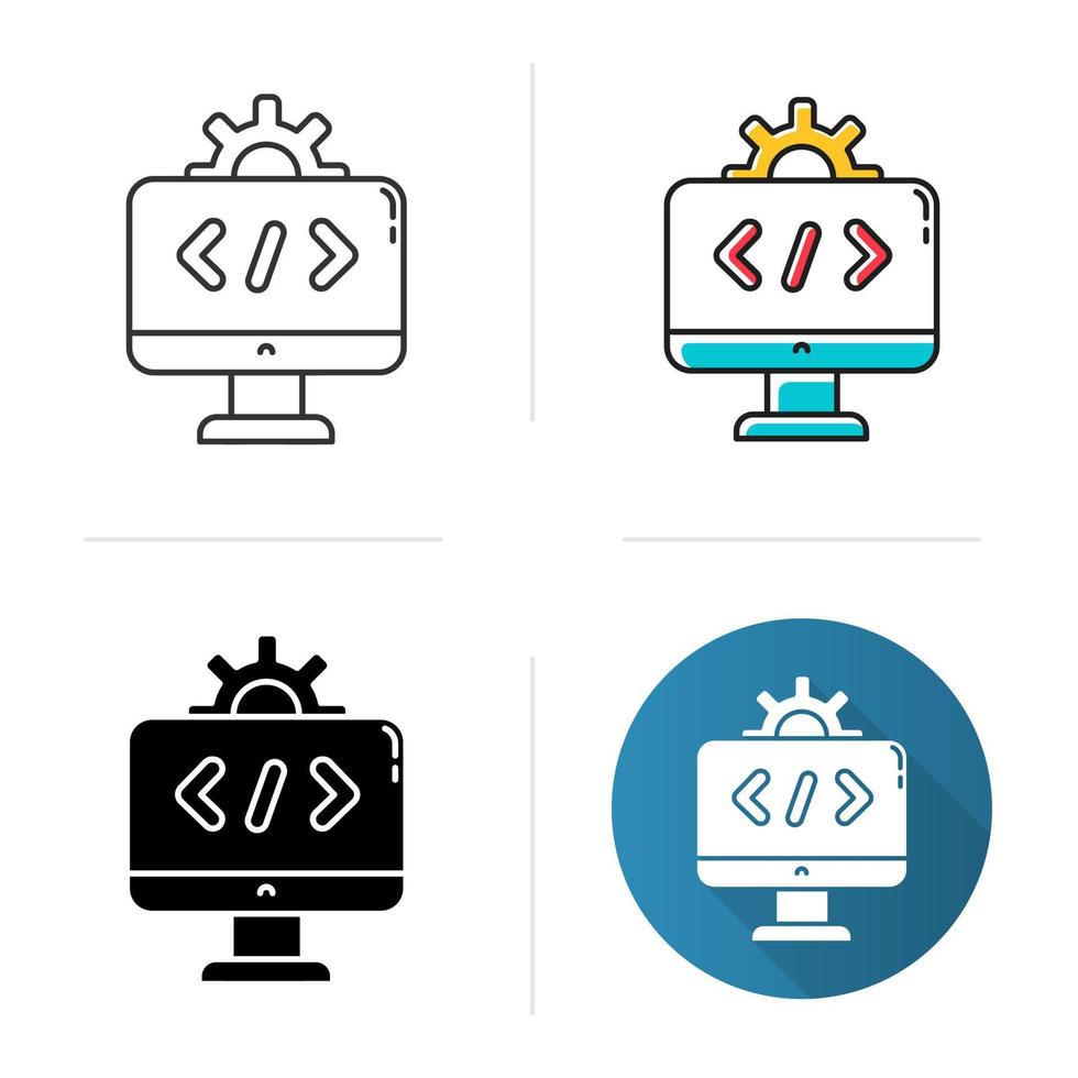 icône de l'industrie du logiciel. secteur des technologies de l'information. programmation informatique. installation d'applications. informatique. design plat, styles linéaires et de couleur. illustrations vectorielles isolées vecteur