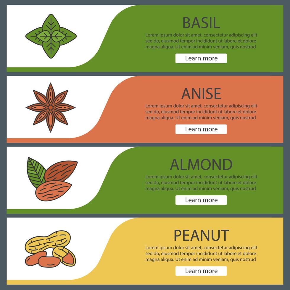 ensemble de modèles de bannière web d'épices. basilic, anis, amande, arachide. éléments du menu de couleur du site Web. concepts de conception d'en-têtes de vecteur