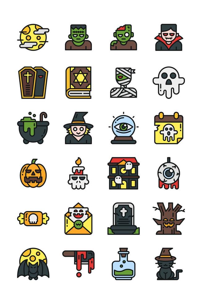 jeu d'icônes de style de ligne rempli halloween vecteur