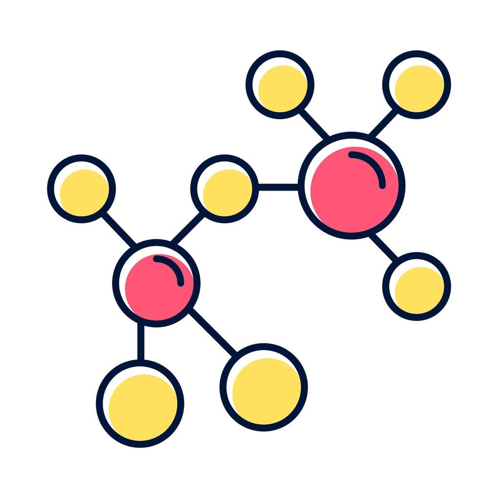 icône de couleur de molécule rouge et jaune. structure cristalline multicolore. modèle de boule moléculaire et de bâton. éléments de chimie organique. modélisation scientifique des atomes. illustration vectorielle isolée vecteur