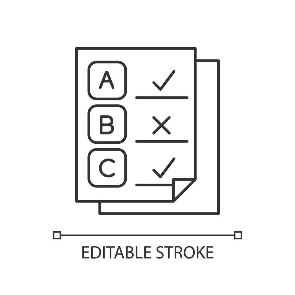 icône linéaire de sondage écrit. papiers d'examen. document d'essai. questionnaire. sélectionnez la marque. bonnes et mauvaises réponses. illustration de la ligne mince. symbole de contour. dessin de contour isolé de vecteur. trait modifiable vecteur