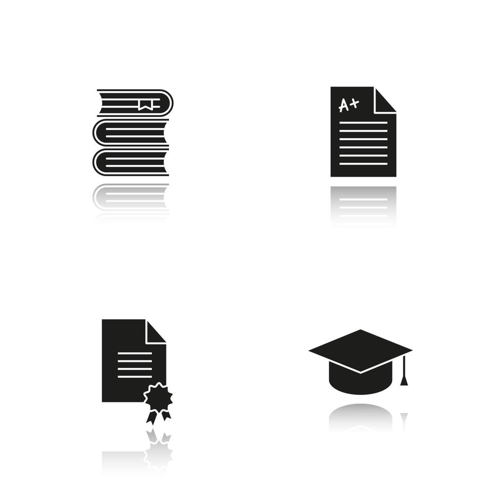 Jeu d'icônes de glyphe noir ombre portée de l'enseignement supérieur. chapeau de graduation de l'étudiant, diplôme, test avec une excellente note, pile de livres. illustrations vectorielles isolées vecteur