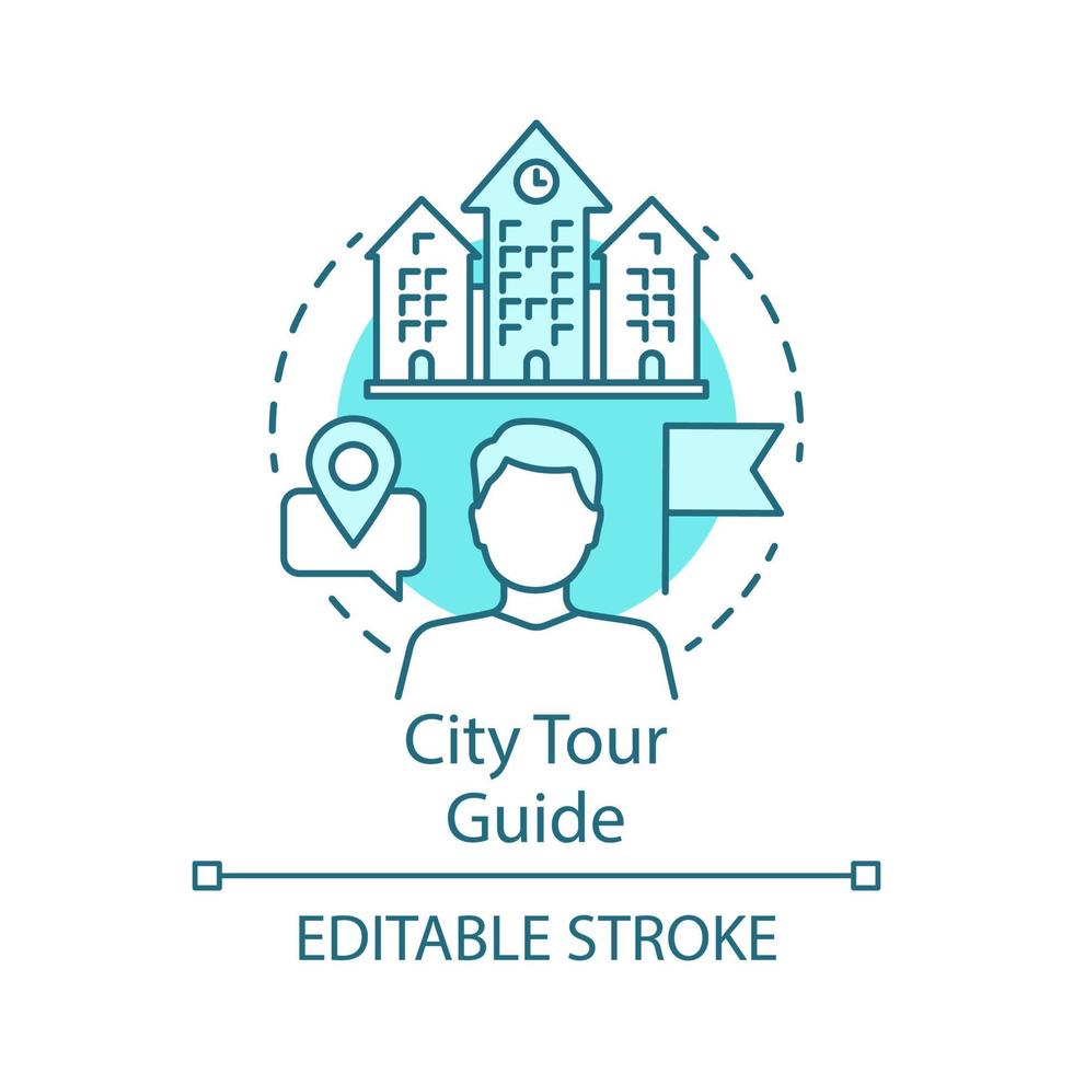 icône de concept de guide touristique de la ville. illustration de fine ligne d'idée d'organisation de visites. voyager et découvrir les attractions. excursion, visites. conseiller de voyage. dessin de contour isolé de vecteur. trait modifiable vecteur