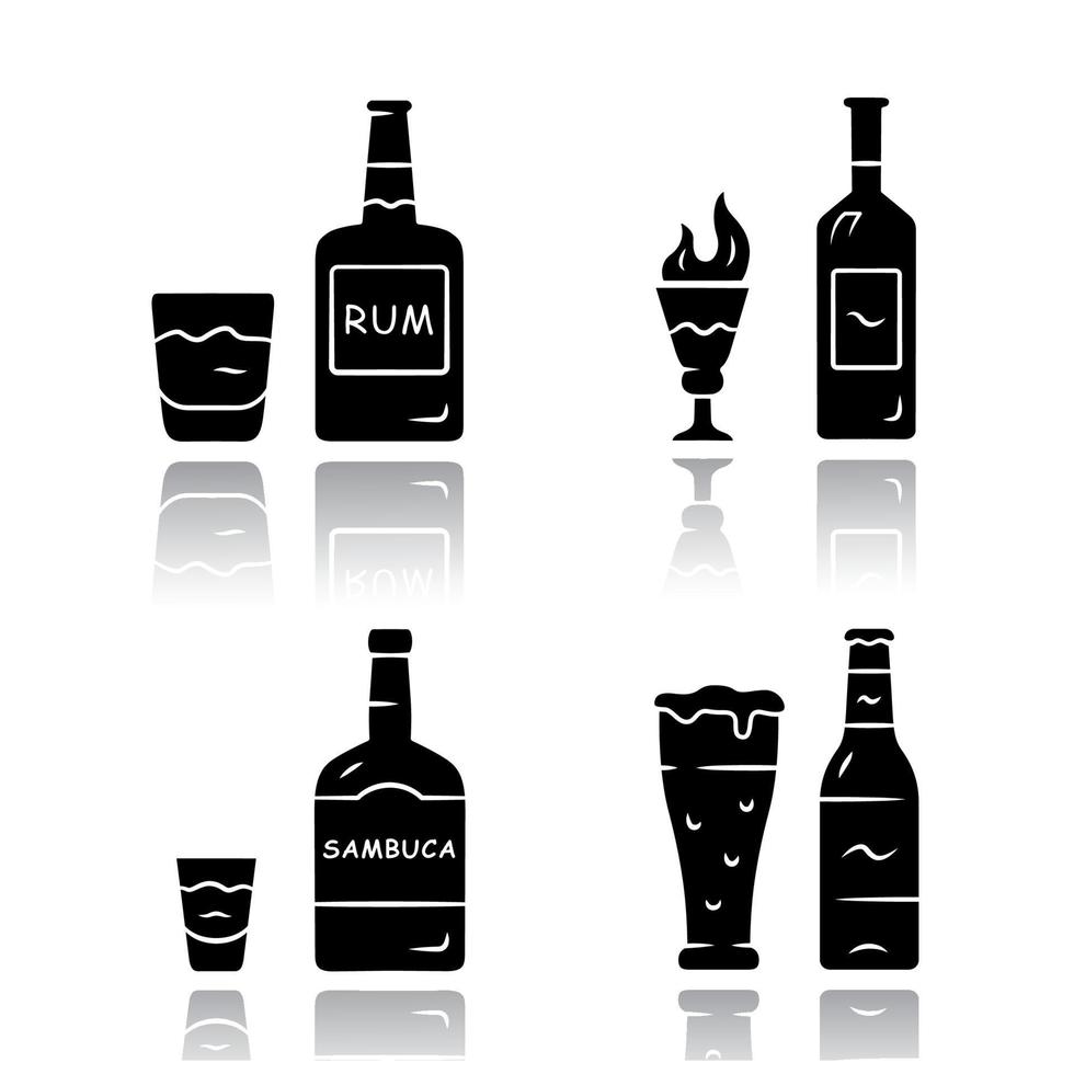 boissons ensemble d'icônes de glyphe noir ombre portée. rhum, absinthe, sambuca, bière. bouteilles et boissons dans des verres. liquide alcoolisé de rafraîchissement pour la fête et la célébration. illustrations vectorielles isolées vecteur