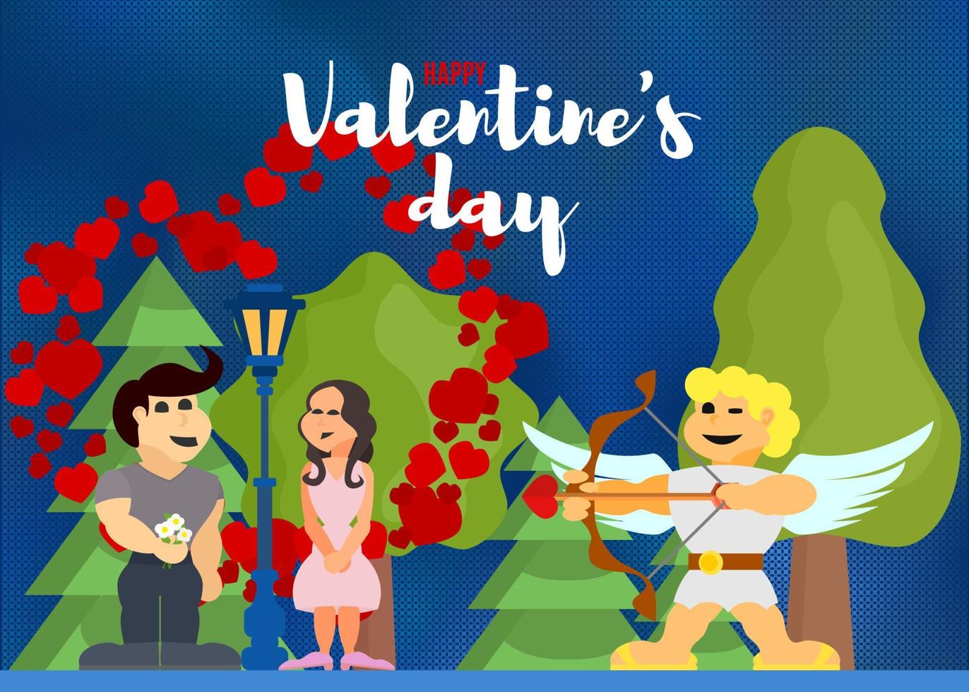 carte de voeux saint valentin avec couple et cupidon sur bleu vecteur