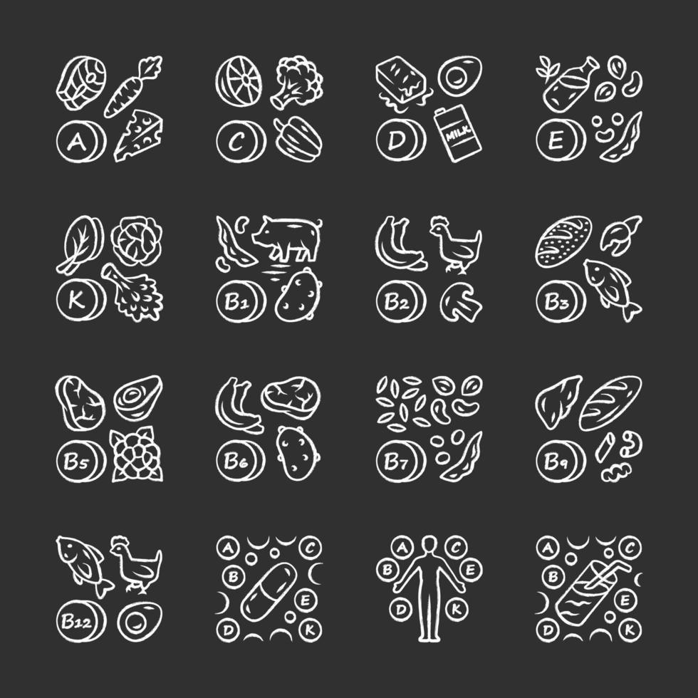 Ensemble d'icônes de craie de vitamines. a, c, d, e, k, b source de nourriture naturelle. pilule de vitamine, complexe, cocktail. Fruits légumes. nutrition adéquat. minéraux, antioxydants. illustrations de tableau de vecteur isolé