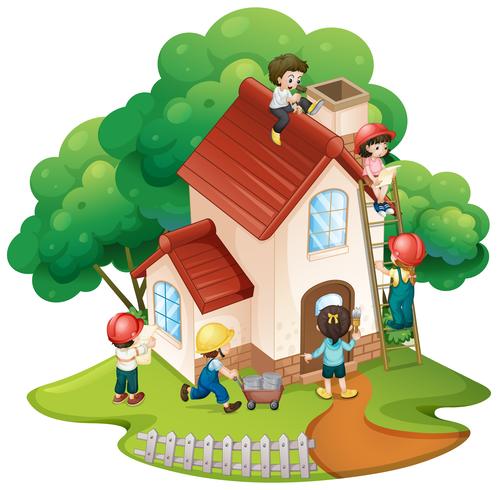Enfants construisant une petite maison vecteur