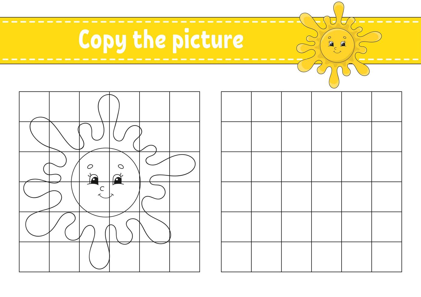 soleil mignon. copier l'image. pages de livre de coloriage pour les enfants. feuille de travail de développement de l'éducation. jeu pour les enfants. pratique de l'écriture manuscrite. drôle de personnage. illustration vectorielle de dessin animé mignon. vecteur