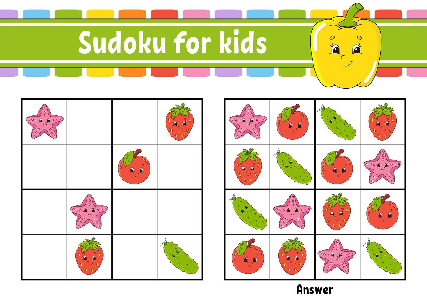 sudoku pour les enfants. feuille de travail de développement de l'éducation. légumes, fruits. personnage de dessin animé. page d'activité en couleur. jeu de puzzle pour les enfants. formation à la pensée logique. illustration vectorielle isolée. vecteur