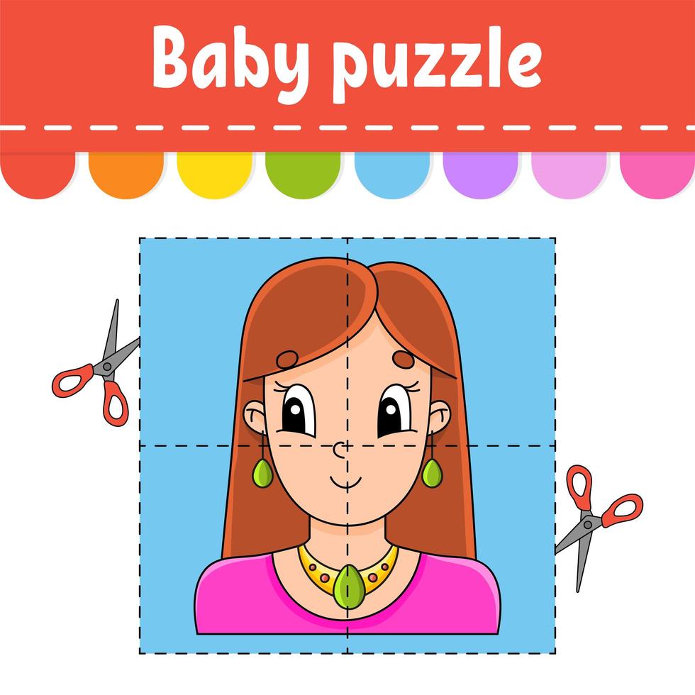 puzzle de bébé. niveau facile. cartes flash. couper et jouer. agréable belle femme. feuille de travail d'activité de couleur. jeu pour les enfants. personnage de dessin animé. vecteur