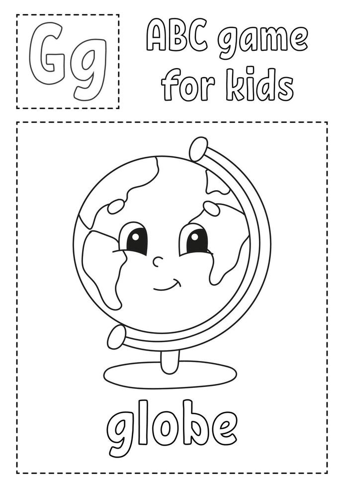 la lettre g est pour le globe. jeu abc pour les enfants. page de coloriage de l'alphabet. personnage de dessin animé. mot et lettre. illustration vectorielle. vecteur