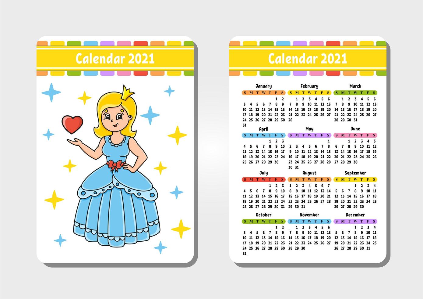 calendrier pour 2021 avec un personnage mignon. douce princesse. format de poche. design amusant et lumineux. illustration vectorielle de couleur isolée. style de bande dessinée. vecteur