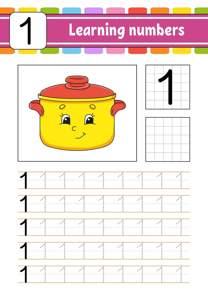 numéro 1. tracer et écrire. pratique de l'écriture manuscrite. apprendre les nombres pour les enfants. feuille de travail de développement de l'éducation. page d'activité. illustration vectorielle isolée dans un style dessin animé mignon. vecteur