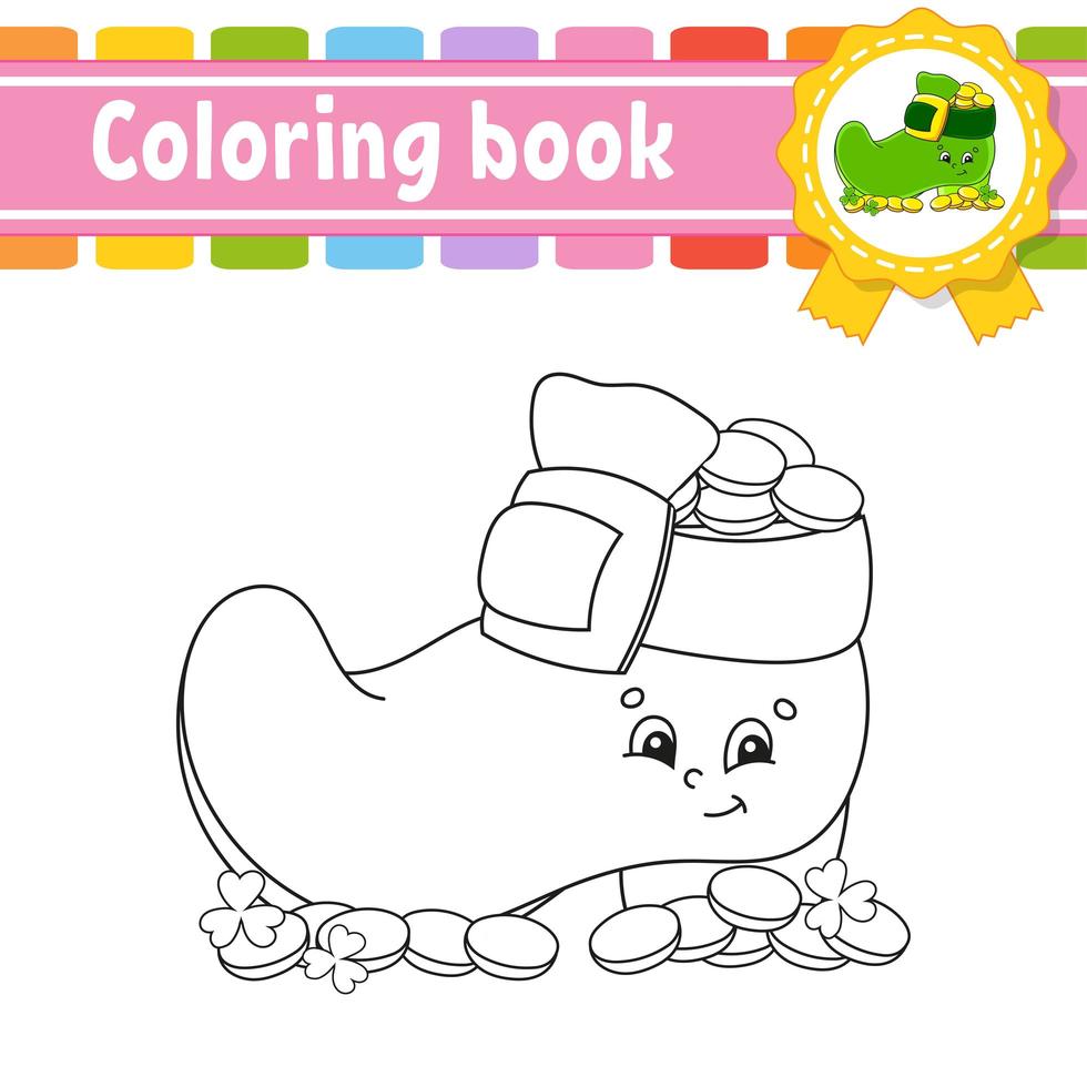 livre de coloriage pour les enfants. botte de lutin avec des pièces de monnaie. caractère joyeux. illustration vectorielle. style de dessin animé mignon. silhouette de contour noir. isolé sur fond blanc. st. jour de patrick. vecteur