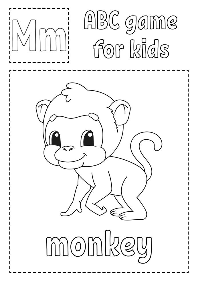 la lettre m est pour le singe. jeu abc pour les enfants. page de coloriage de l'alphabet. personnage de dessin animé. mot et lettre. illustration vectorielle. vecteur