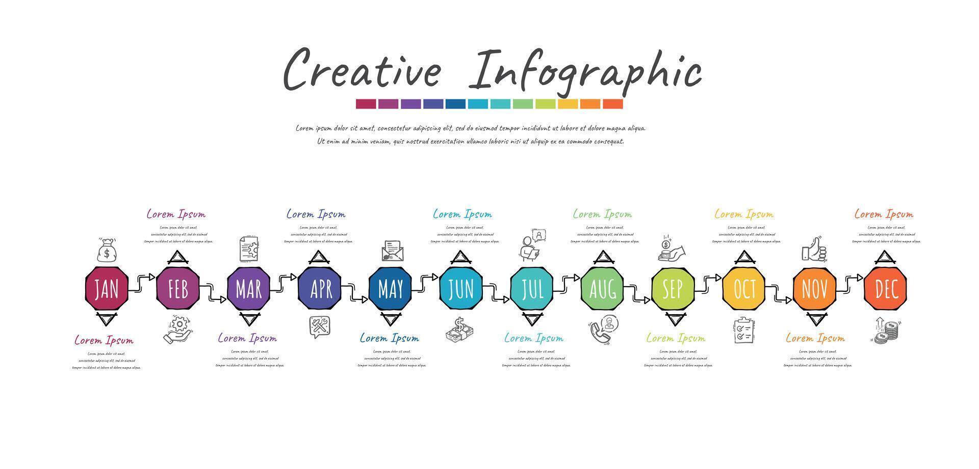 chronologie main tiré pour 1 année, 12 mois, infographie tout mois planificateur conception et présentation entreprise. griffonnage infographie vecteur. vecteur