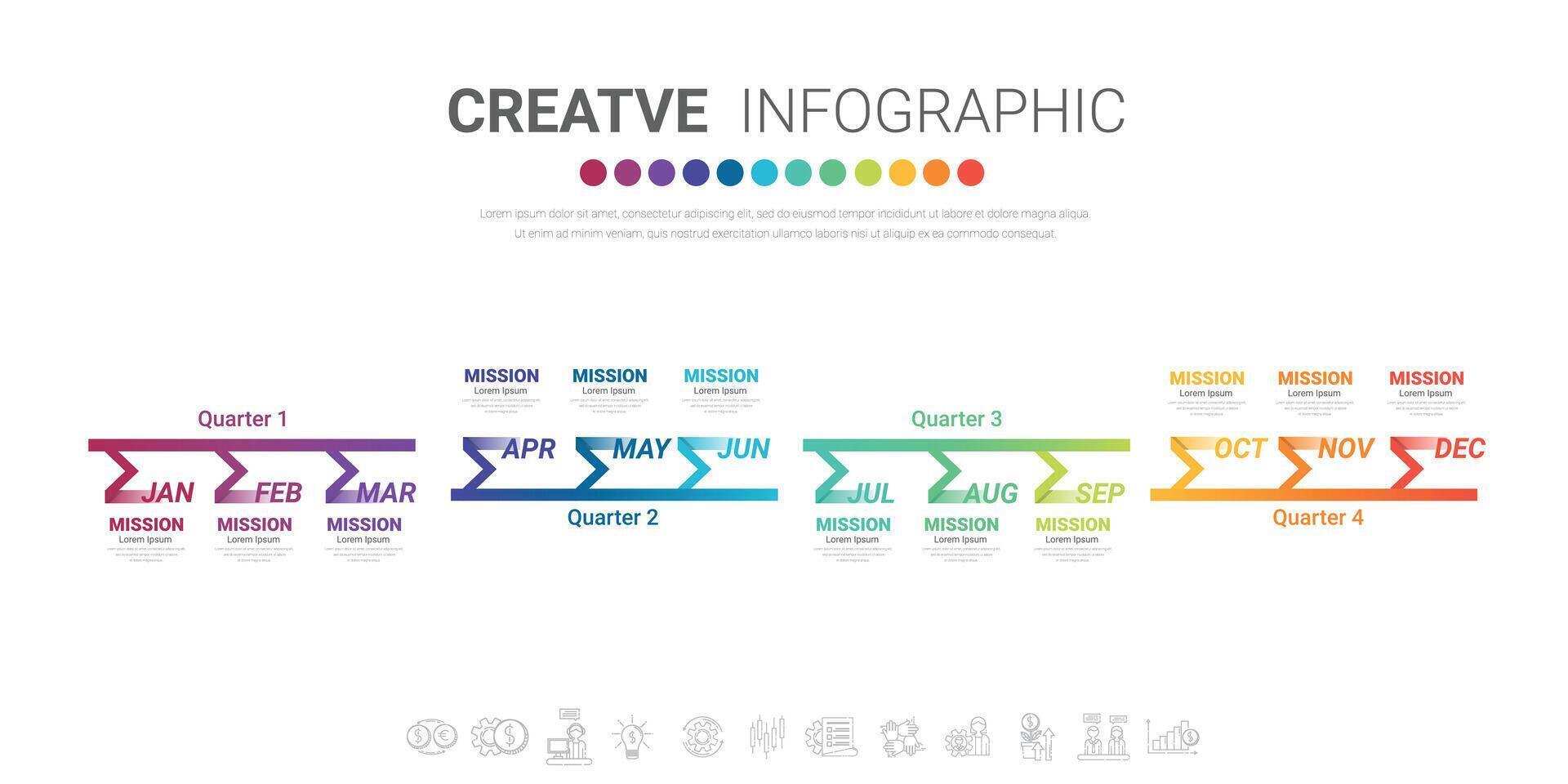 infographie modèle pour entreprise. 12 mois moderne chronologie élément diagramme calendrier, 4 trimestre pas Étape importante présentation vecteur .