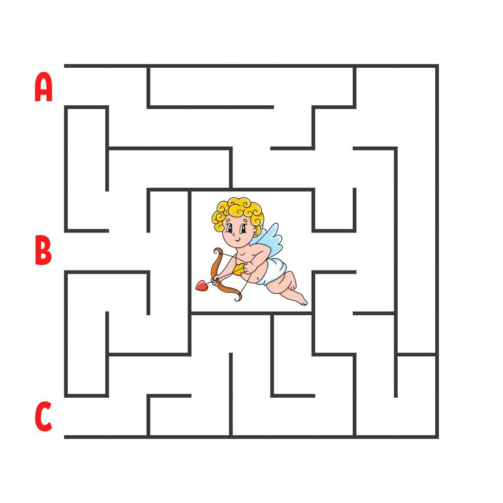 labyrinthe carré. jeu pour les enfants. casse-tête pour les enfants. Cupidon de personnage de dessin animé. énigme du labyrinthe. illustration vectorielle de couleur. trouver le bon chemin. le développement de la pensée logique et spatiale. vecteur