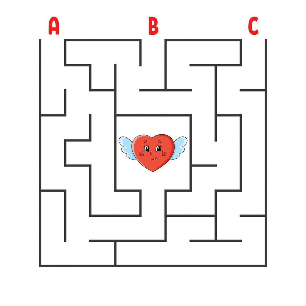 labyrinthe carré. jeu pour les enfants. casse-tête pour les enfants. coeur de personnage de dessin animé. énigme du labyrinthe. illustration vectorielle de couleur. trouver le bon chemin. le développement de la pensée logique et spatiale. vecteur