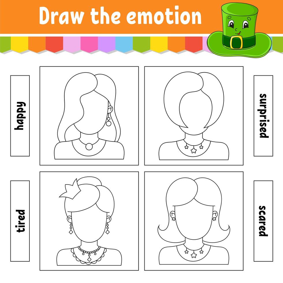 dessiner l'émotion. feuille de travail complète le visage. livre de coloriage pour les enfants. caractère joyeux. illustration vectorielle. silhouette de contour noir. isolé sur fond blanc. vecteur