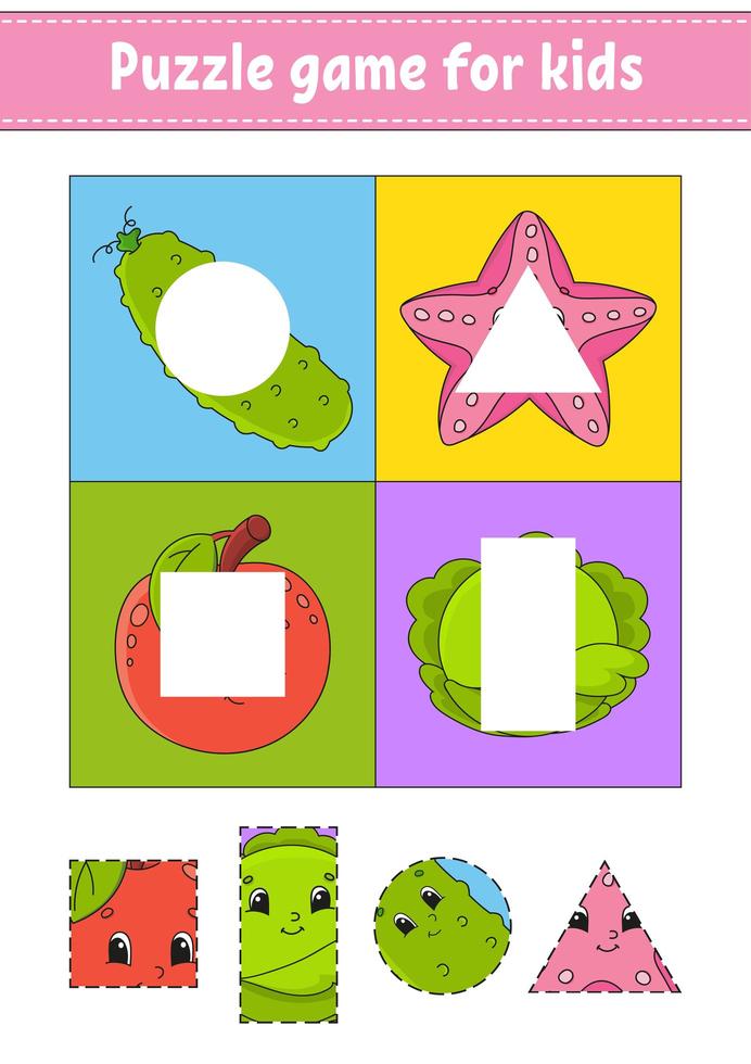 jeu de puzzle pour les enfants. pratique de la coupe. fruits et légumes. feuille de travail de développement de l'éducation. page d'activité. personnage de dessin animé. vecteur