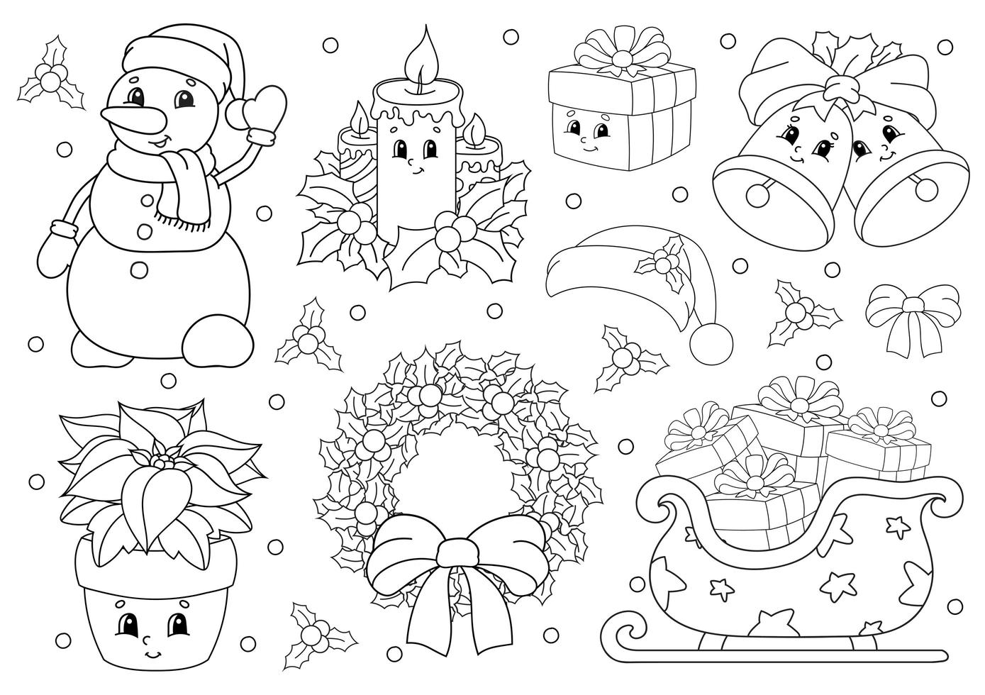 livre de coloriage pour les enfants. thème joyeux noël. personnages joyeux. illustration vectorielle. style de dessin animé mignon. silhouette de contour noir. isolé sur fond blanc. vecteur