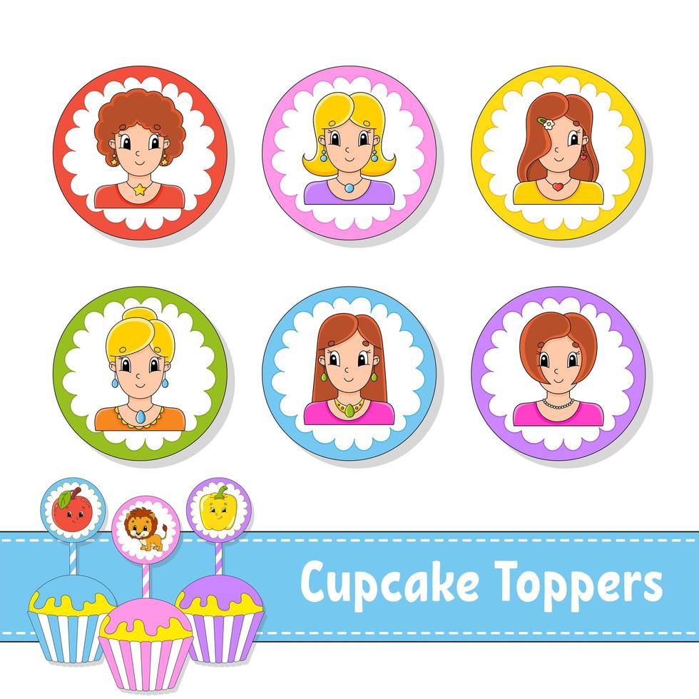 garnitures de cupcakes. ensemble de six images rondes. jolies filles souriantes. personnages de dessins animés. image mignonne. pour anniversaire, fête, baby shower. vecteur