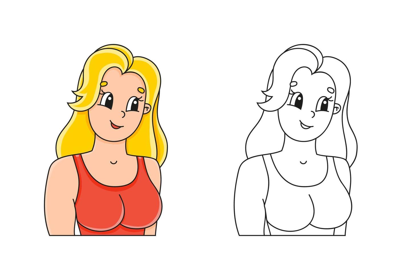 livre de coloriage pour les enfants. belle jeune femme souriante. caractère joyeux. illustration vectorielle. style de dessin animé mignon. silhouette de contour noir. isolé sur fond blanc. vecteur