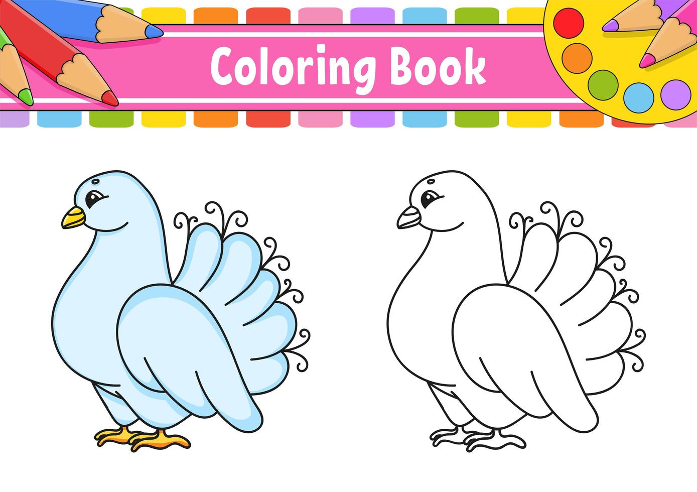 livre de coloriage pour les enfants. pigeon blanc de mariage. personnage de dessin animé. illustration vectorielle. silhouette de contour noir. isolé sur fond blanc. vecteur