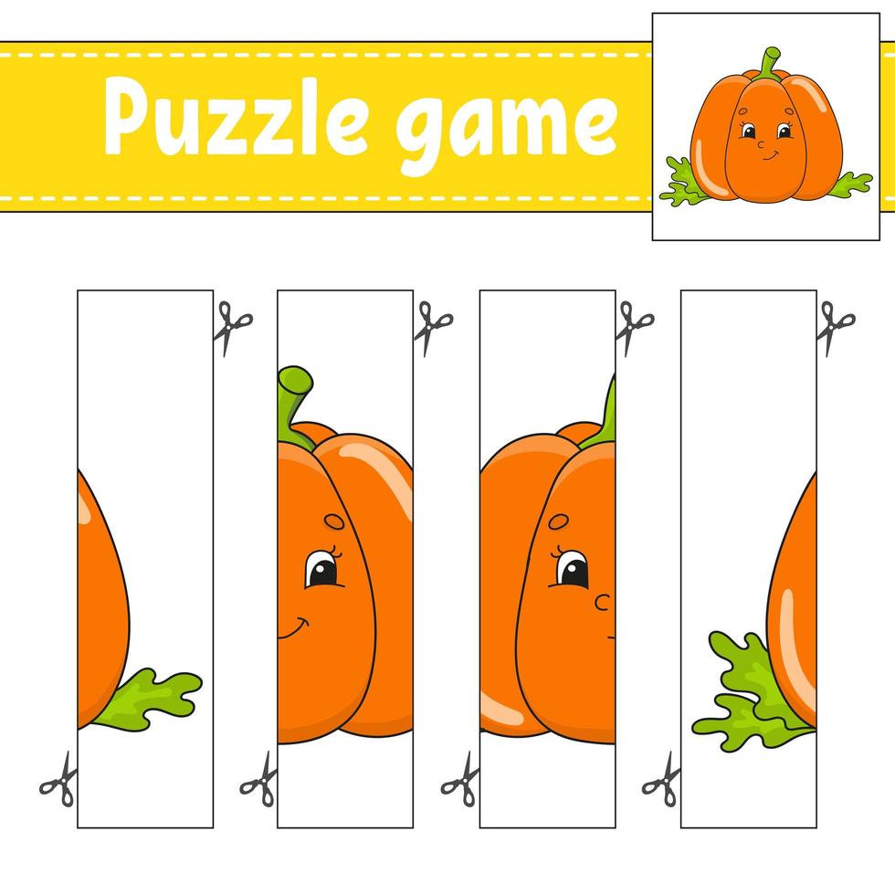 jeu de puzzle pour les enfants. potiron végétal. pratique de la coupe. feuille de travail de développement de l'éducation. page d'activité. personnage de dessin animé. vecteur