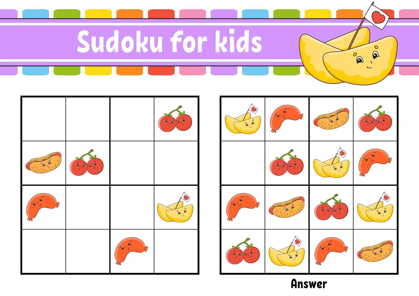 sudoku pour les enfants. feuille de travail de développement de l'éducation. personnage de dessin animé. page d'activité en couleur. jeu de puzzle pour les enfants. formation à la pensée logique. illustration vectorielle isolée. vecteur