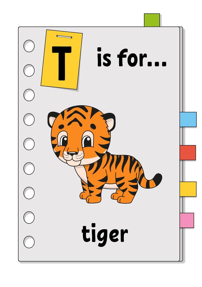 c'est pour le tigre. jeu abc pour les enfants. mot et lettre. apprendre des mots pour étudier l'anglais. personnage de dessin animé. illustration vectorielle de couleur. animal mignon. vecteur