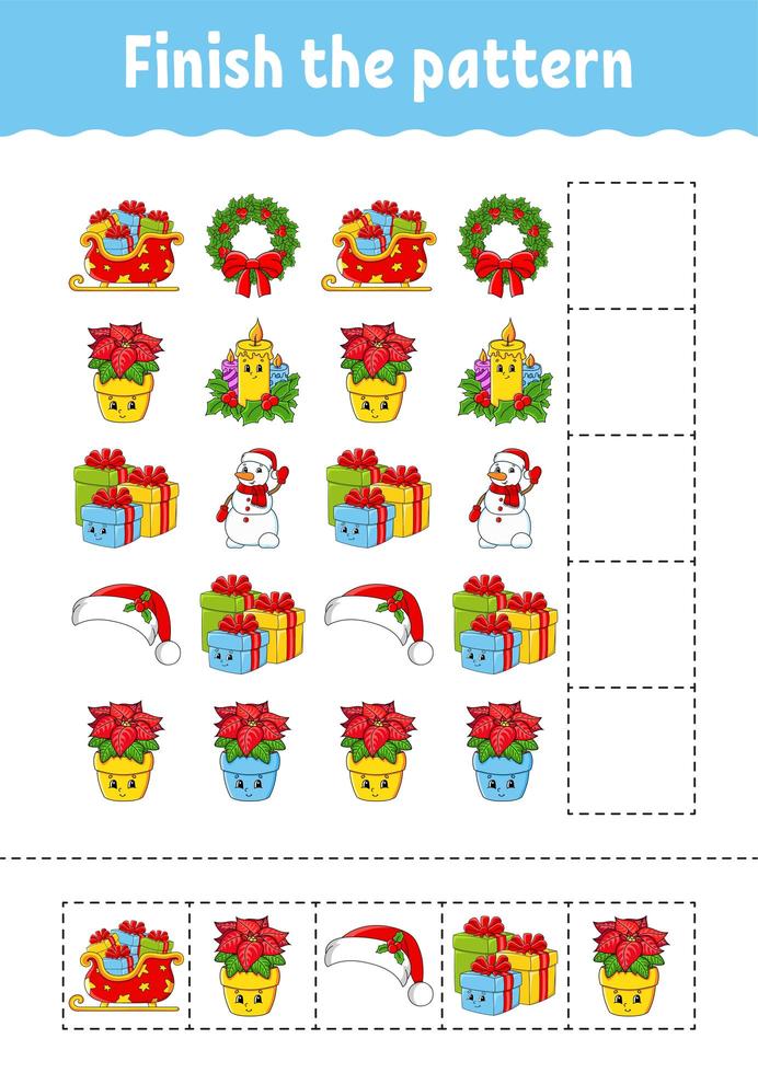 terminer le motif. couper et jouer. thème de Noël. feuille de travail de développement de l'éducation. page d'activité. personnage de dessin animé. vecteur