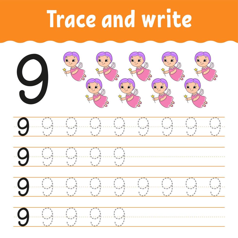 trace et écrit. numéro 9. pratique de l'écriture manuscrite. apprendre les nombres pour les enfants. fiche d'activité. personnage de dessin animé. vecteur