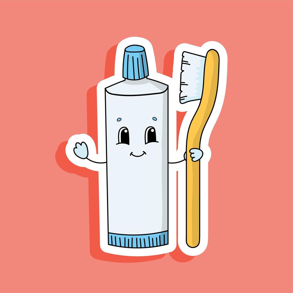 tube de dentifrice avec brosse à dents. autocollant de couleur vive. personnage de dessin animé. illustration vectorielle. élément de conception. avec contour blanc. vecteur