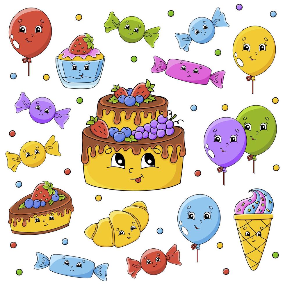 ensemble d'autocollants avec des personnages de dessins animés mignons. thème de joyeux anniversaire. dessiné à la main. pack coloré. illustration vectorielle. collection de badges de patch. éléments de conception d'étiquettes. pour planificateur quotidien, agenda, organisateur. vecteur