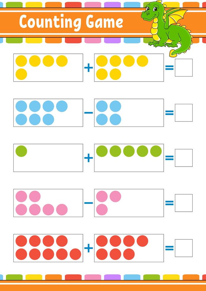 addition et soustraction. tâche pour les enfants. feuille de travail de développement de l'éducation. page couleur de l'activité. jeu pour les enfants. drôle de personnage. illustration vectorielle isolée. style de bande dessinée. vecteur