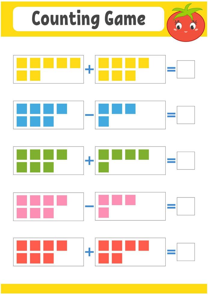 addition et soustraction. tâche pour les enfants. feuille de travail de développement de l'éducation. page couleur de l'activité. jeu pour les enfants. drôle de personnage. illustration vectorielle isolée. style de bande dessinée. vecteur