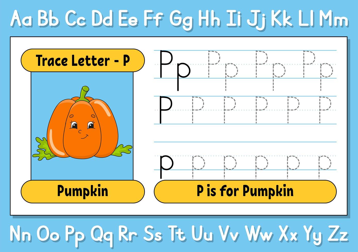 tracer des lettres. pratique de l'écriture. feuille de traçage pour les enfants. apprendre l'alphabet. personnage mignon. illustration vectorielle. style de bande dessinée. vecteur