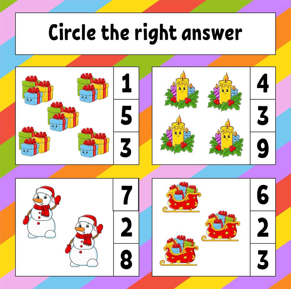 entourez la bonne reponse. thème de Noël. feuille de travail de développement de l'éducation. page d'activité avec des images. jeu pour les enfants. illustration vectorielle de couleur isolée. drôle de personnage. style de bande dessinée. vecteur