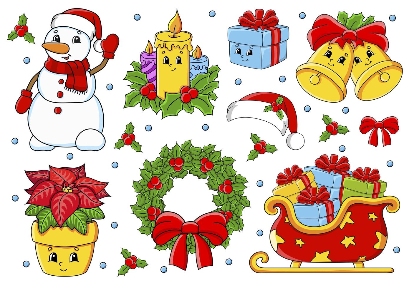 ensemble d'autocollants avec des personnages de dessins animés mignons. thème de Noël. dessiné à la main. pack coloré. illustration vectorielle. collection de badges de patch. éléments de conception d'étiquettes. pour planificateur quotidien, agenda, organisateur. vecteur