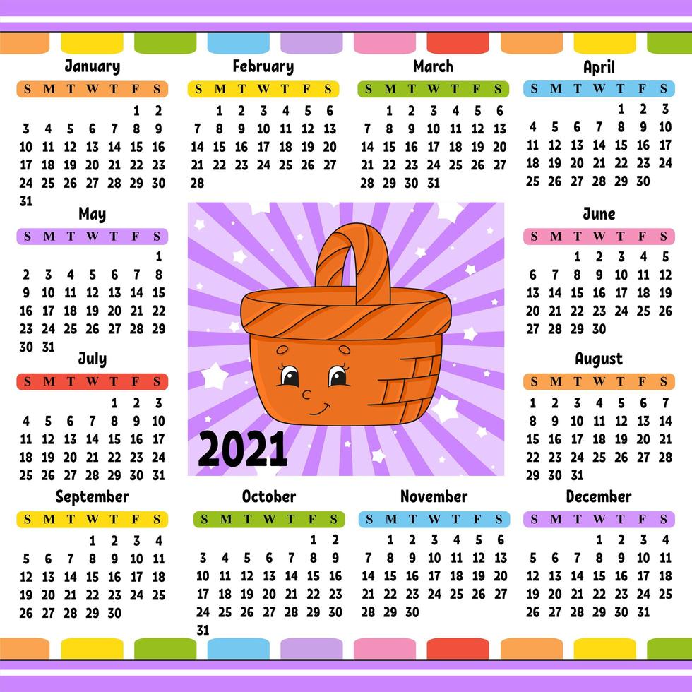 calendrier pour 2020 avec un personnage mignon. design amusant et lumineux. illustration vectorielle de couleur isolée. style de bande dessinée. vecteur