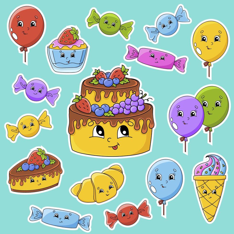 ensemble d'autocollants avec des personnages de dessins animés mignons. thème de joyeux anniversaire. dessiné à la main. pack coloré. illustration vectorielle. collection de badges de patch. éléments de conception d'étiquettes. pour planificateur quotidien, agenda, organisateur. vecteur