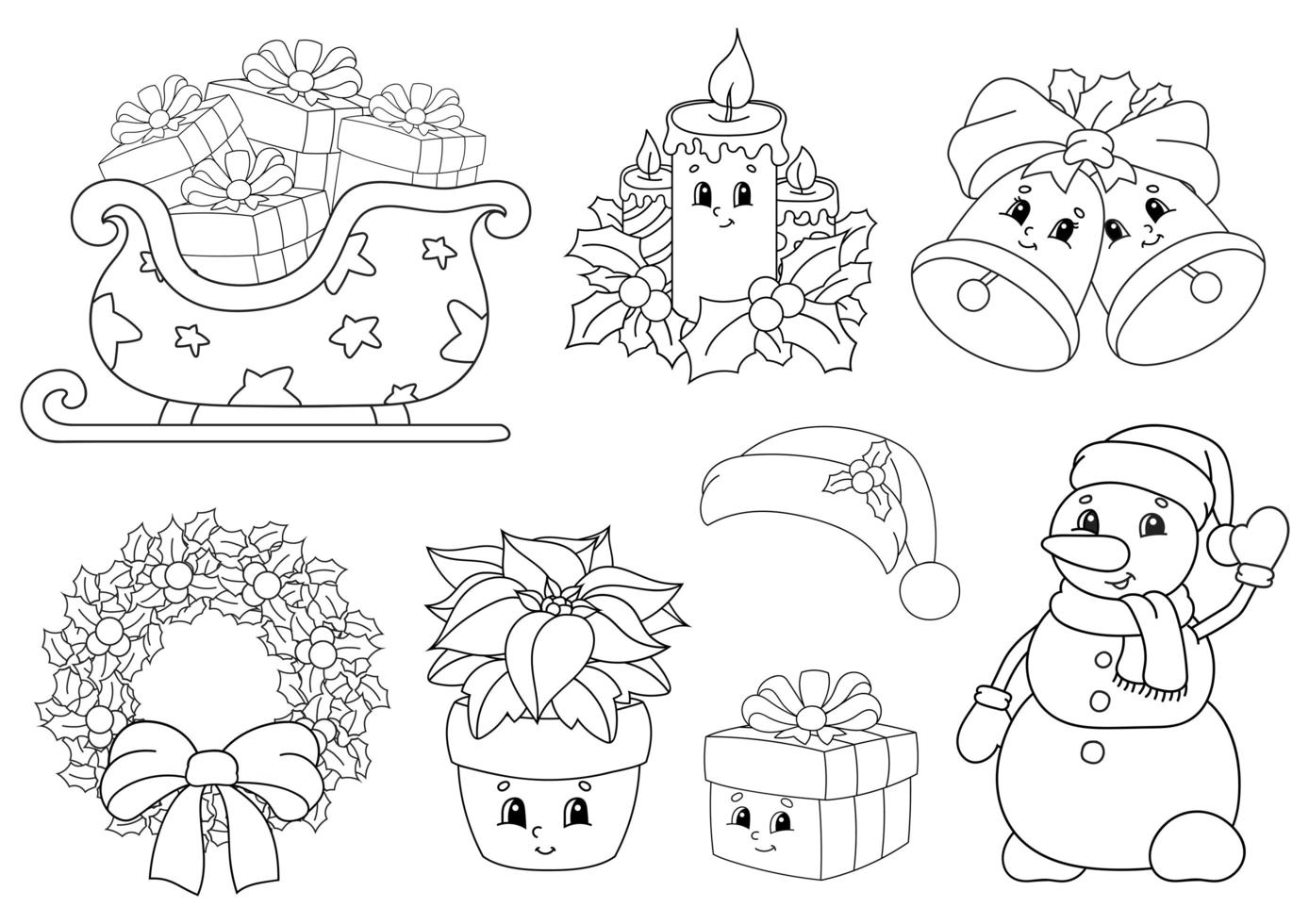 livre de coloriage pour les enfants. thème joyeux noël. personnages joyeux. illustration vectorielle. style de dessin animé mignon. silhouette de contour noir. isolé sur fond blanc. vecteur