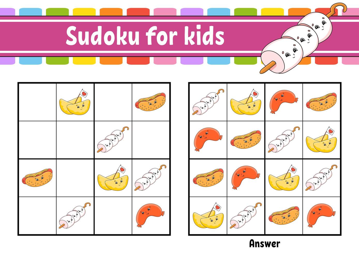 sudoku pour les enfants. feuille de travail de développement de l'éducation. personnage de dessin animé. page d'activité en couleur. jeu de puzzle pour les enfants. formation à la pensée logique. illustration vectorielle isolée. vecteur